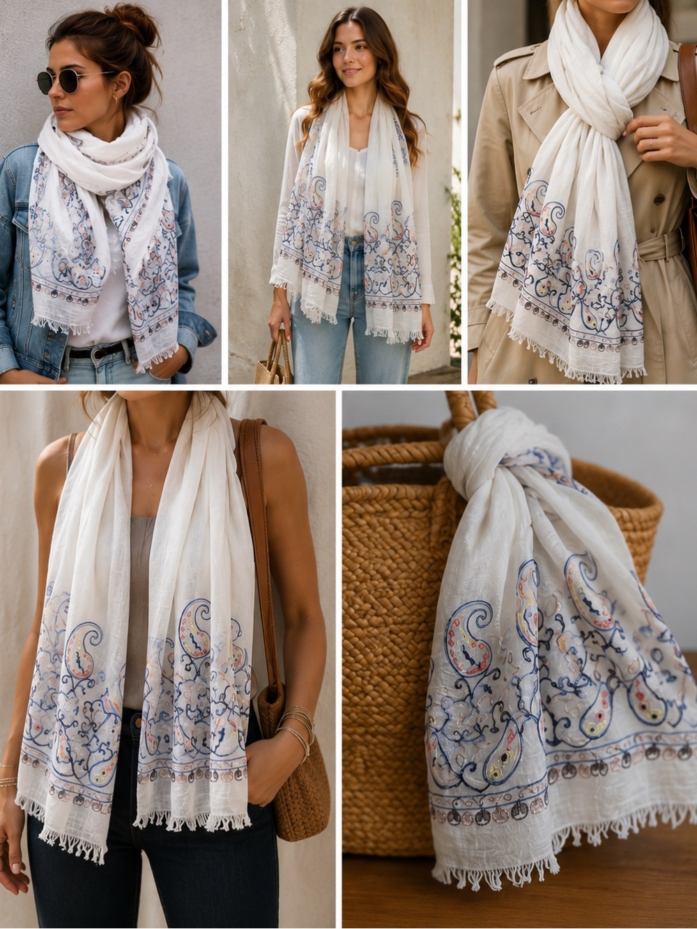 White Cotton Viscose Embroidered Paisley Scarf Wrap Shawl Boho Fringe 27x70